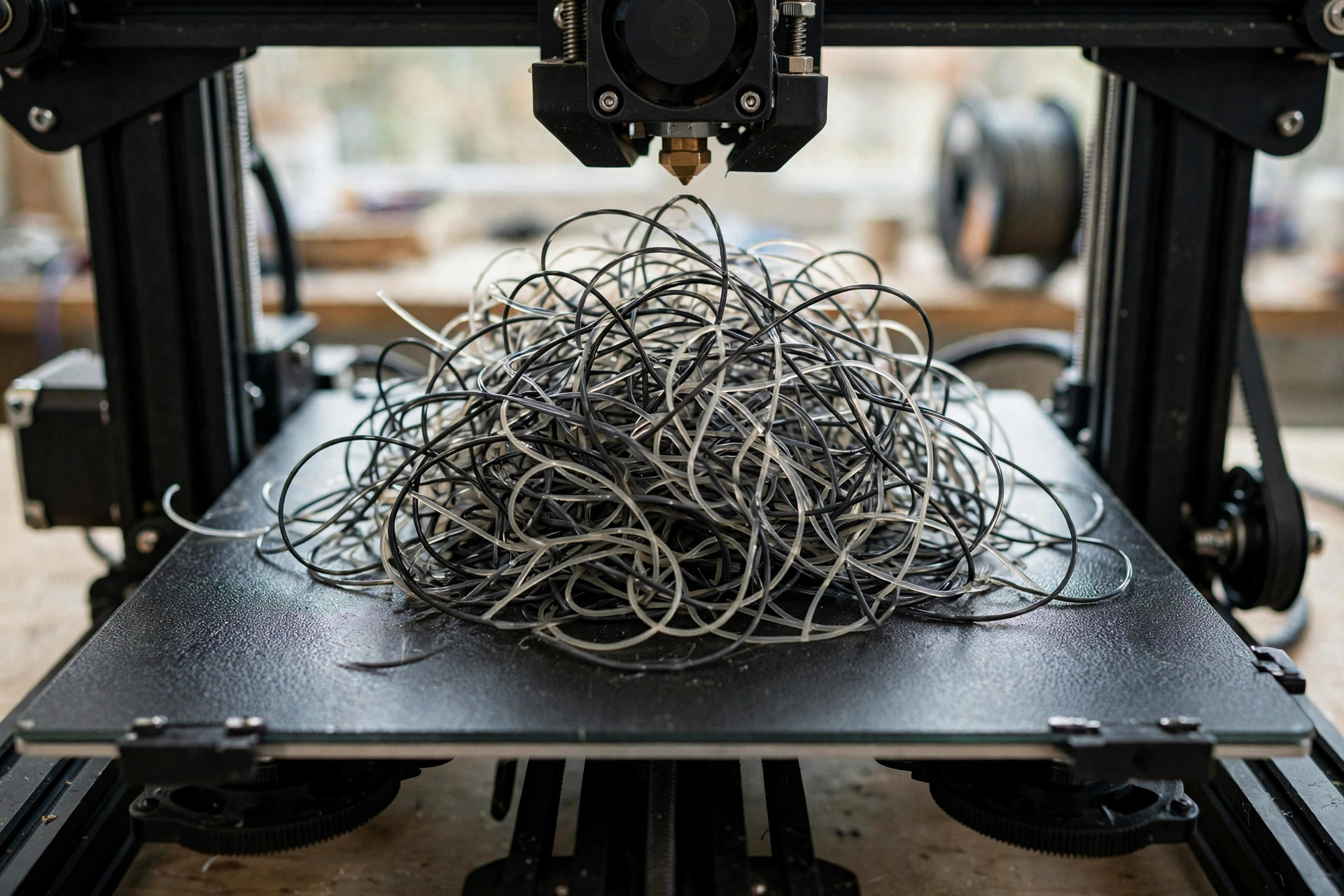 Failed 3D print with tangled filament on the print bed