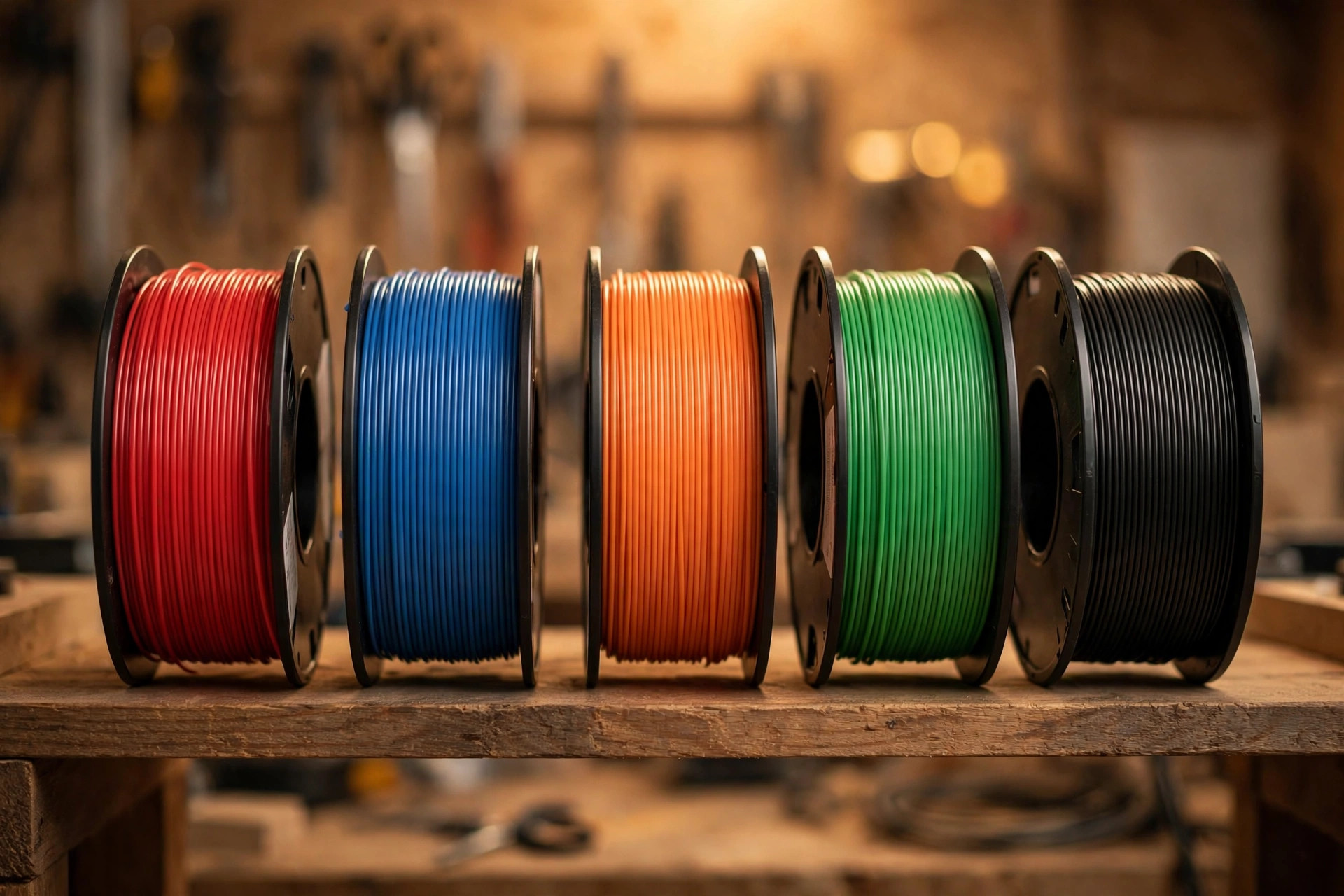Colorful 3D printer filament spools on a shelf