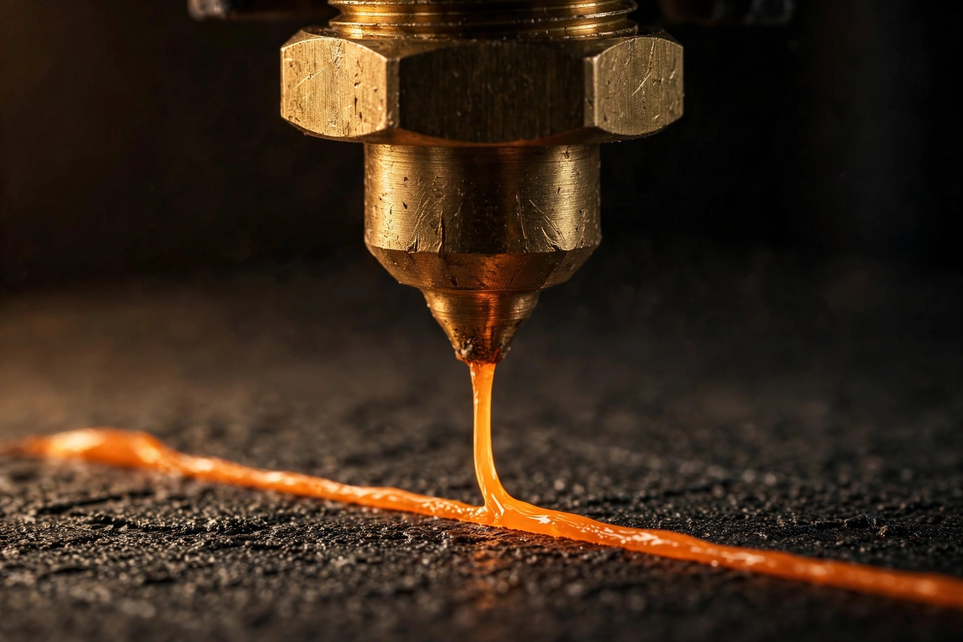 Close-up of a brass 3D printer nozzle extruding filament