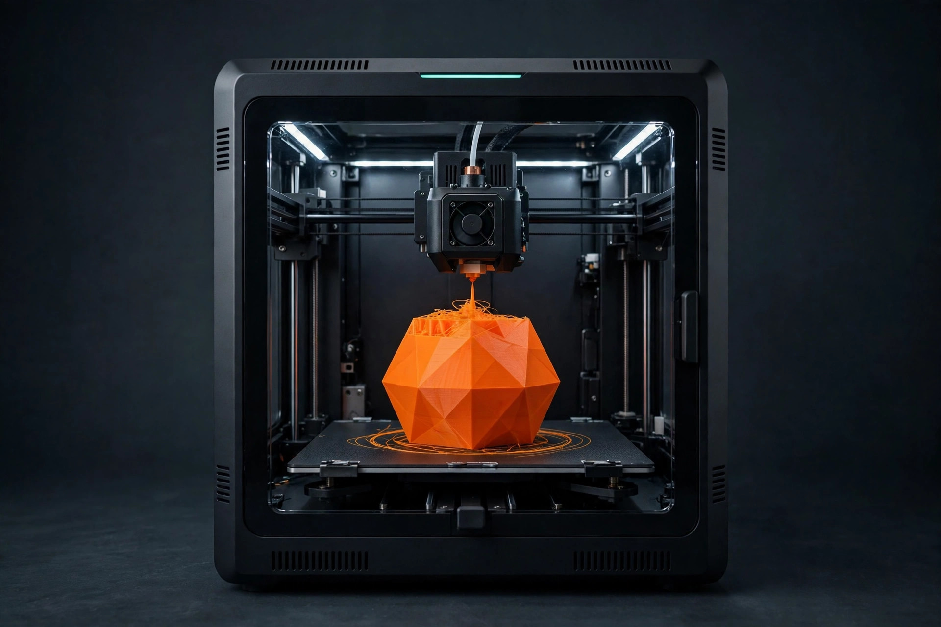 Enclosed 3D printer printing a bright orange object