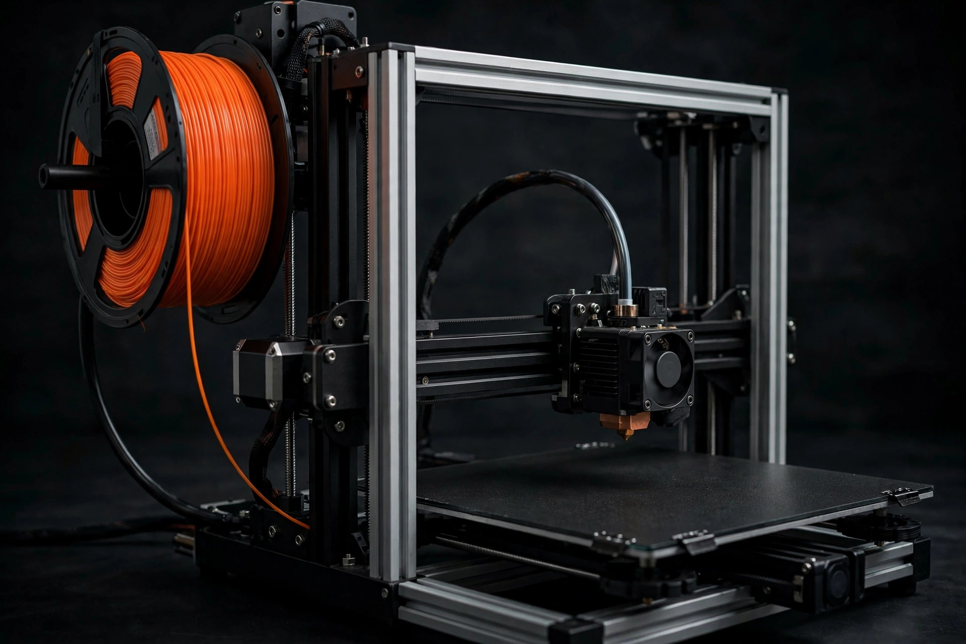 3D printer with orange filament loaded, side view