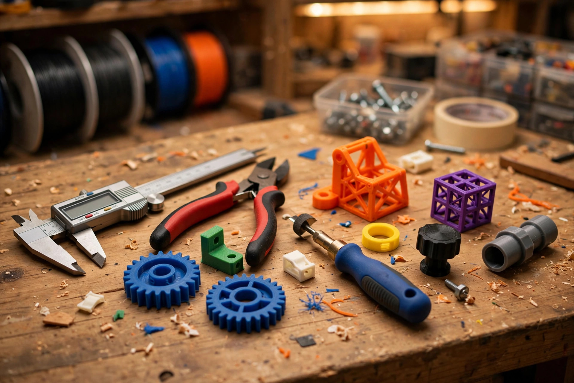 3D-printed parts and tools on a workbench